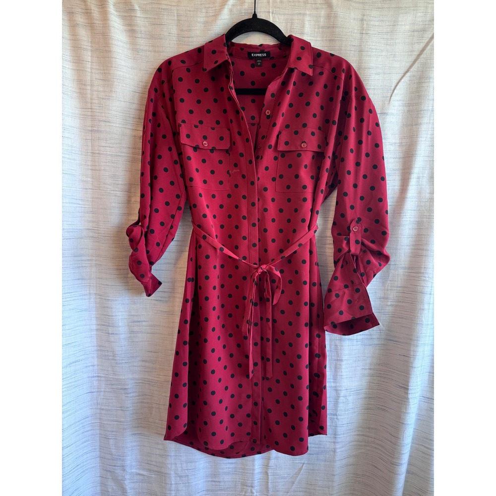 Express Red Black Polka Dot Button Down Shirt Dress Long Sleeve Tie Waist Small